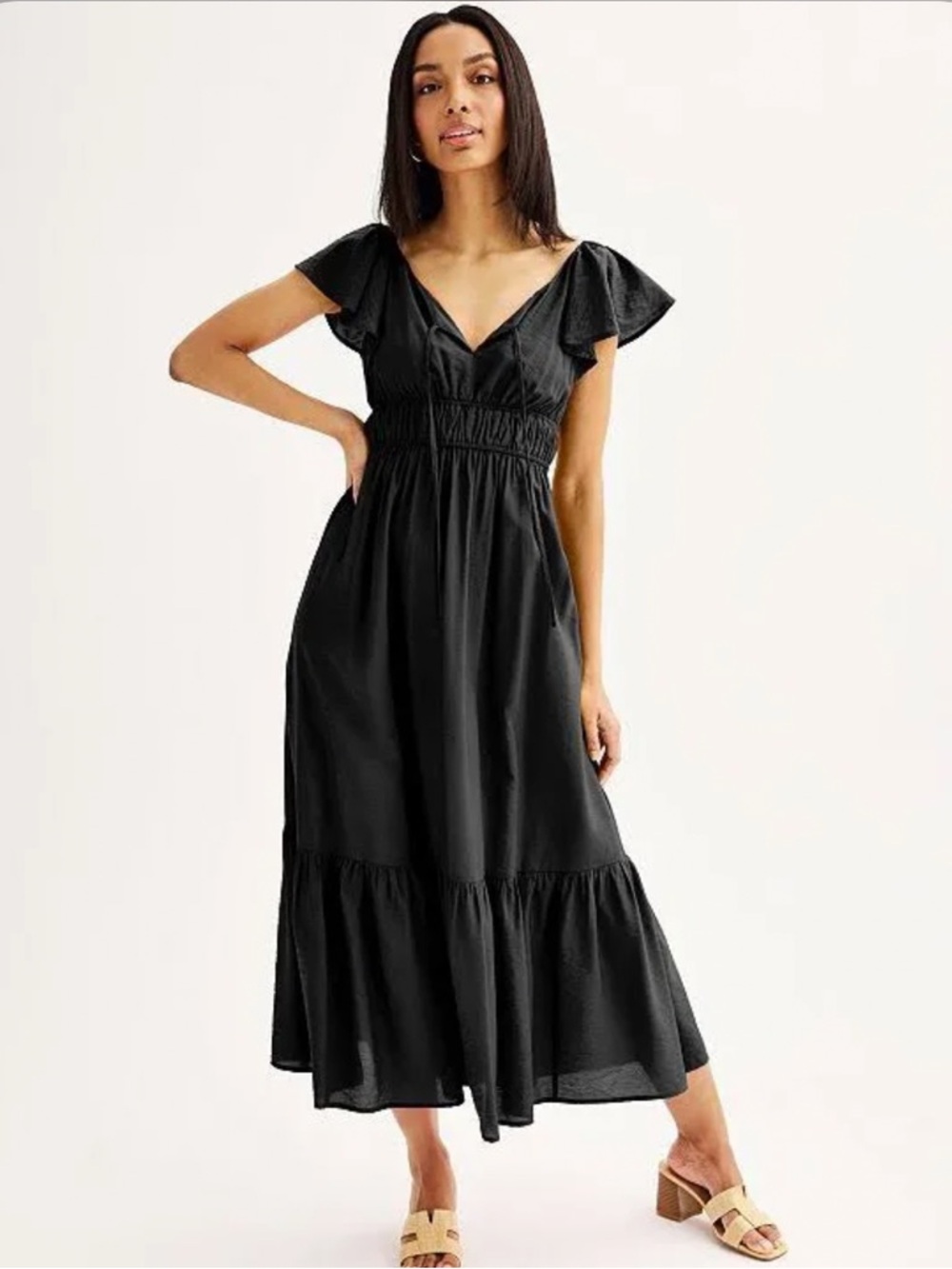 Nine West Black Flutter-Sleeve Smocked-Waist Maxi Dress